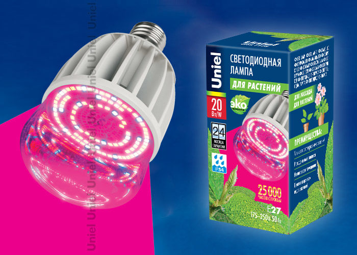Лампа светодиодная для растений, IP54. Форма "M", . Материал корпуса алюминий. LED-M80-20W/SP/E27/CL ALS55WH