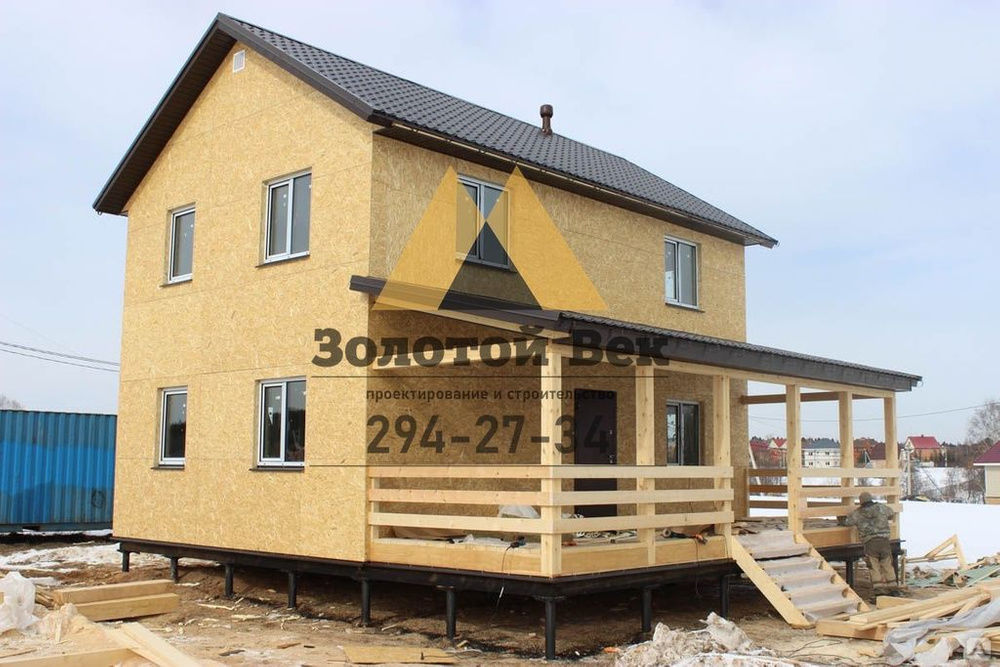Строительство двухэтажного каркасного дома 6.5х9 с террасой 2.5х9 на сваях