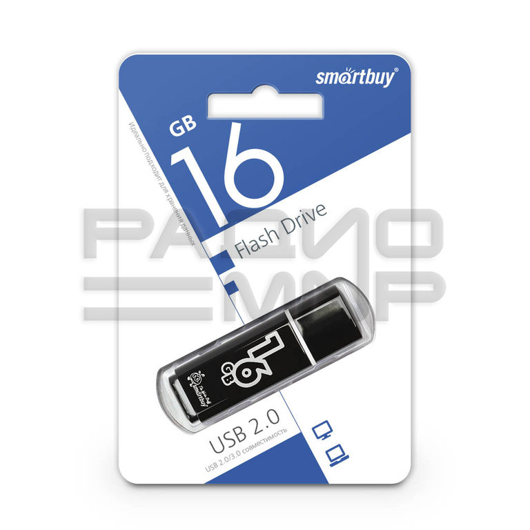 USB 2.0 Flash накопитель 16GB SmartBuy Glossy, чёрный