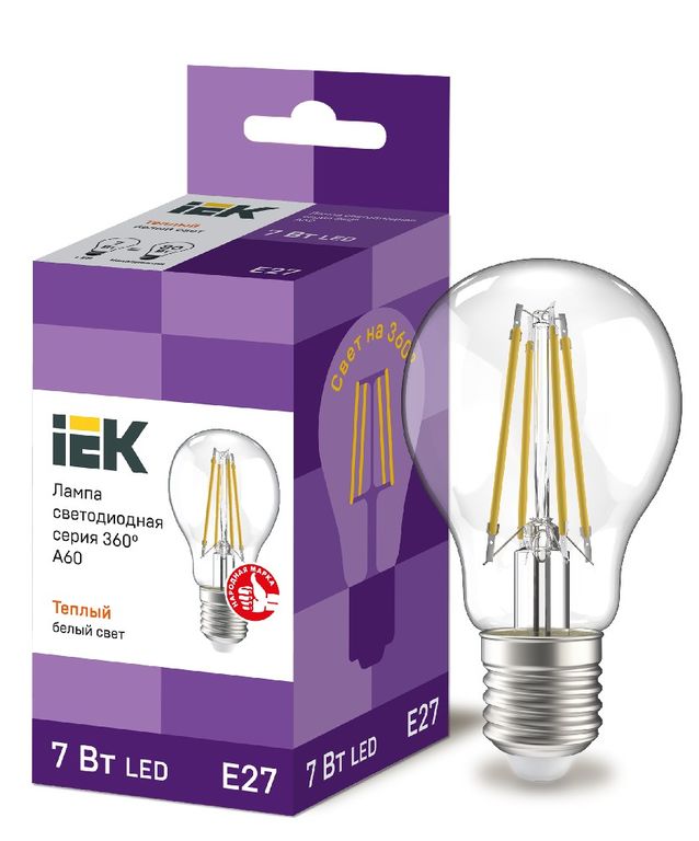 Лампа светодиодная LED A60 шар прозр. 7 Вт 230 В 3000 К E27 серия 360° IEK