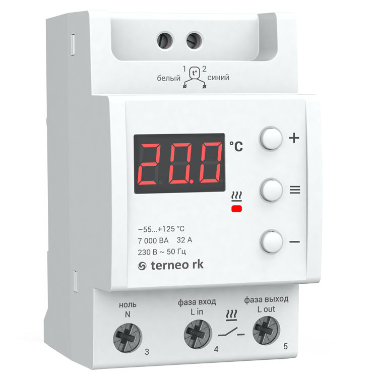 Терморегулятор Terneo RK цифровой, ток нагрузки 32А/230В, диапазон регулирования -55°C...+125°C цифровой, ток нагрузки 3