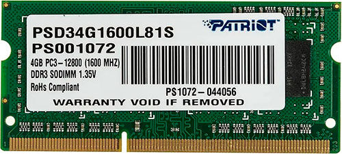 Оперативная память Patriot Memory DDR3L SO-DIMM 4GB 1600MHz (PSD34G1600L81S)