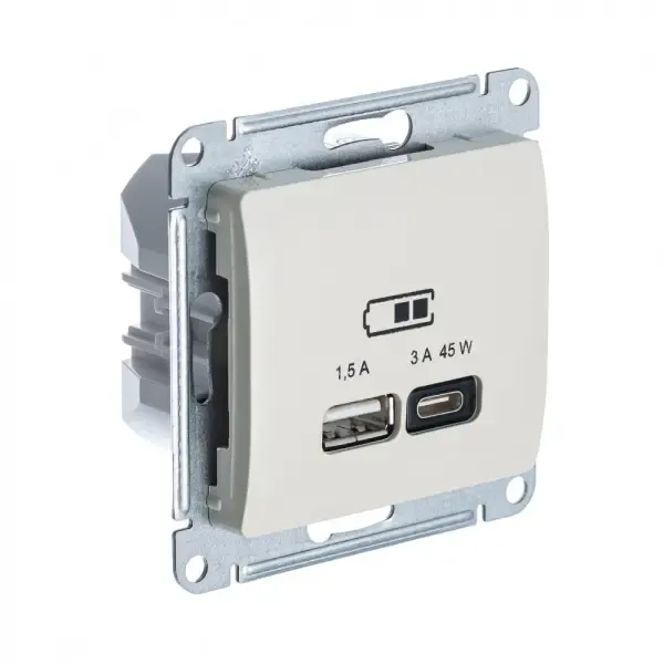 Розетка USB A + тип-C 45W высокоскоростная зарядка QC PD механизм Молочный Systeme Electric Glossa