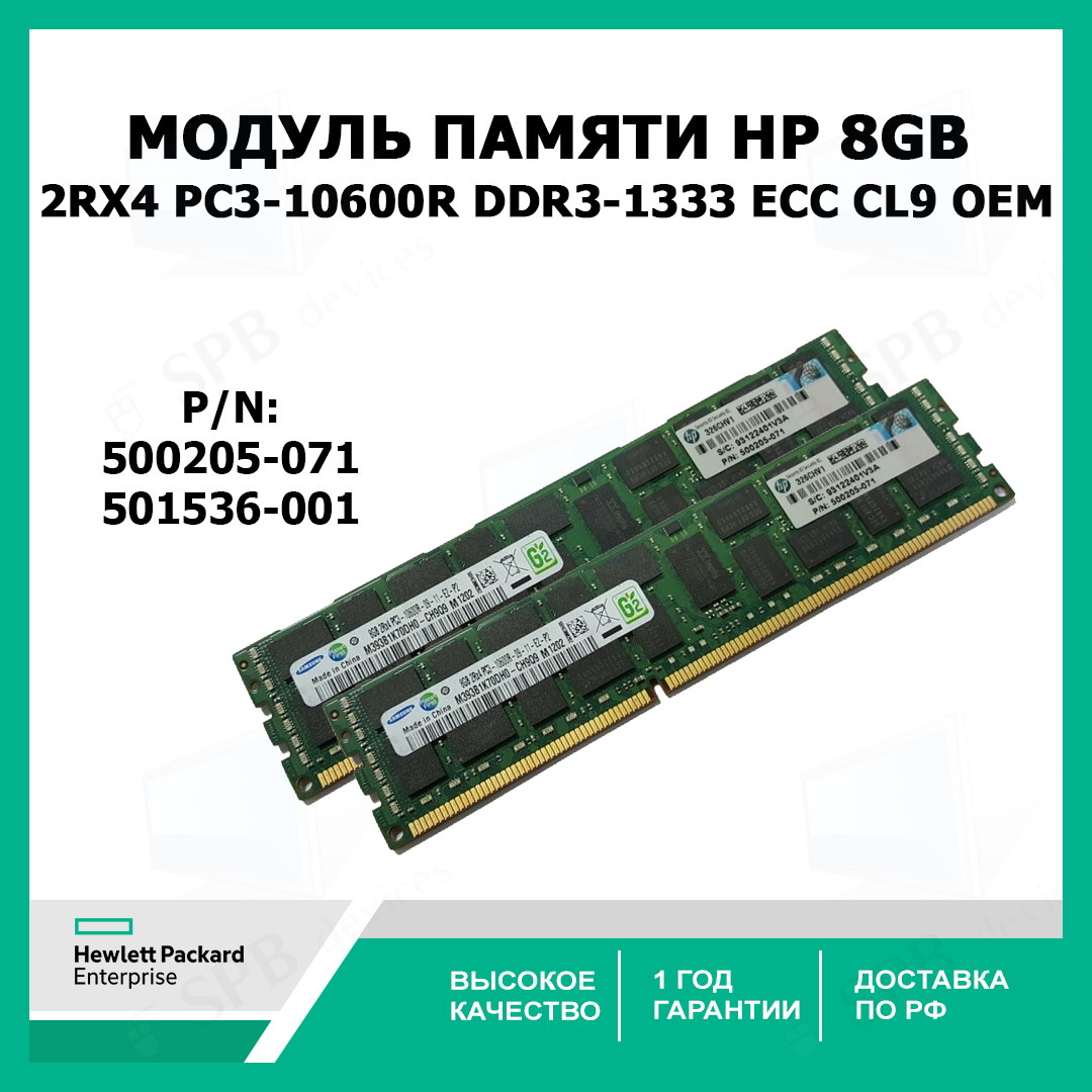 Оперативная память HP 8Gb 2Rx4 PC3-10600R DDR3-1333 ECC CL9 , 500205-071 , 501536-001 oem