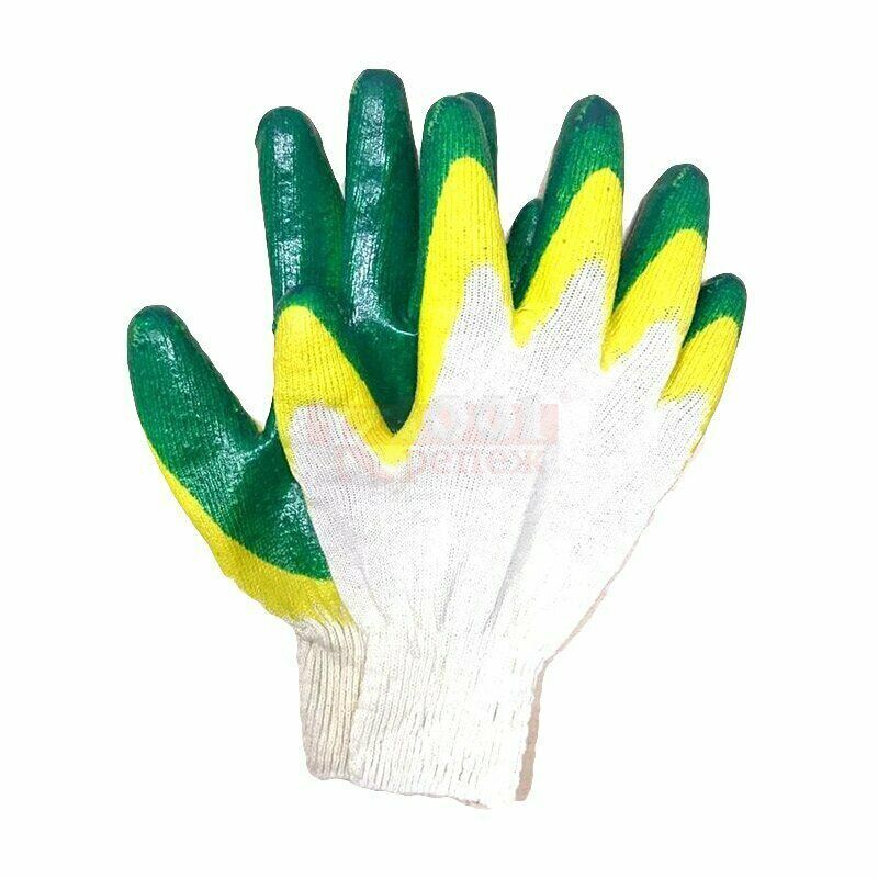 ST-PU-GT Перчатки для защиты рук ХБ с двойным латексным покрытием зеленые, универсальные 1001 КРЕПЕЖ