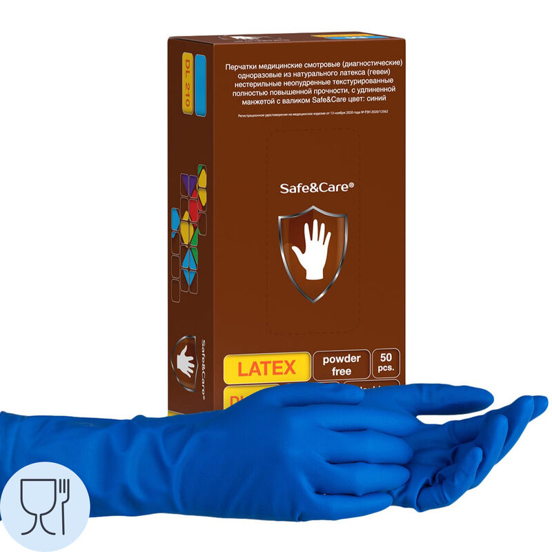 Перчатки медицинские смотровые Safe and Care High Risk DL 210 латексные неопудренные синие (размер S, 50 штук/25 пар в у