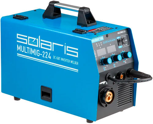 Полуавтомат сварочный Solaris MULTIMIG-224, 230 В, MIG/FLUX/MMA, евроразъем, горелка 3 м, смена полярности, 2T/4T/Spot M
