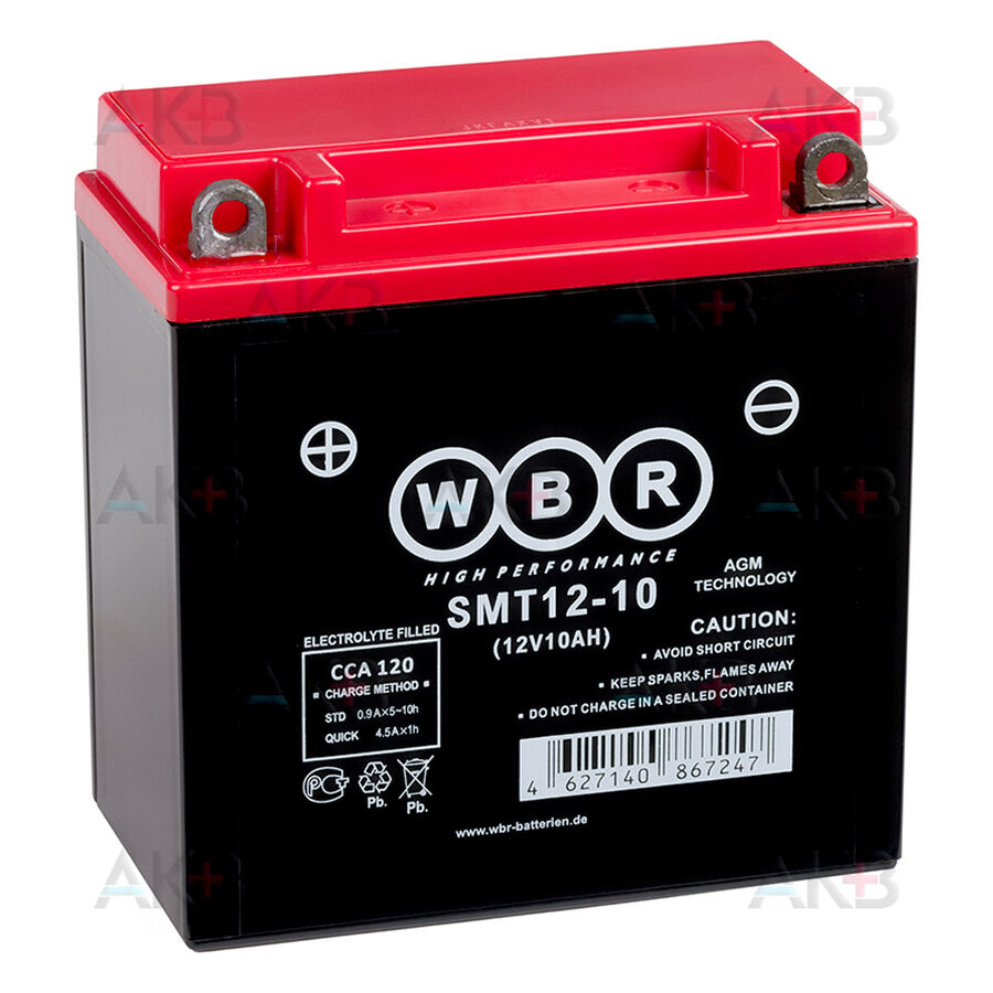 Аккумулятор WBR SMT12-10 AGM 10 Ач 120А прямая пол.(135x75x139) YB9A-A, YB9-B, 12N9-4B-1