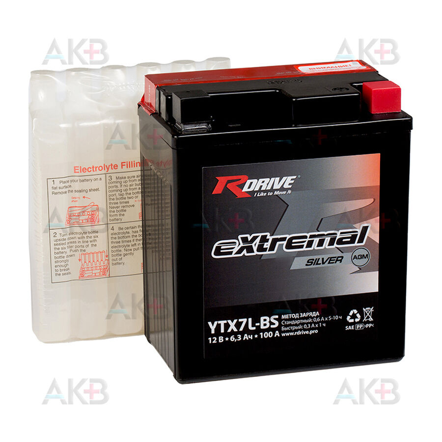 Аккумулятор RDrive YTX7L-BS 12V 6Ah 110А обр. пол. AGM сухозаряж. (113x70x130) eXtremal SILVER