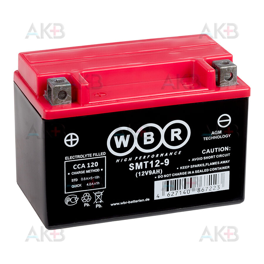 Аккумулятор WBR SMT12-9 AGM 9 Ач 120А прямая пол.(150x87x105) YTX9-BS, YTX9
