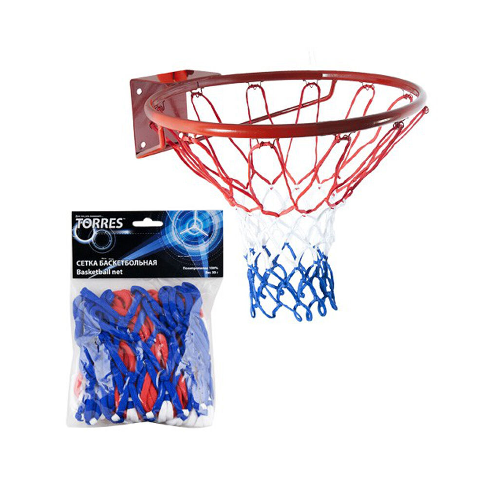 Сетка баскетбольная Torres, нить 4 мм, бело-сине-красная