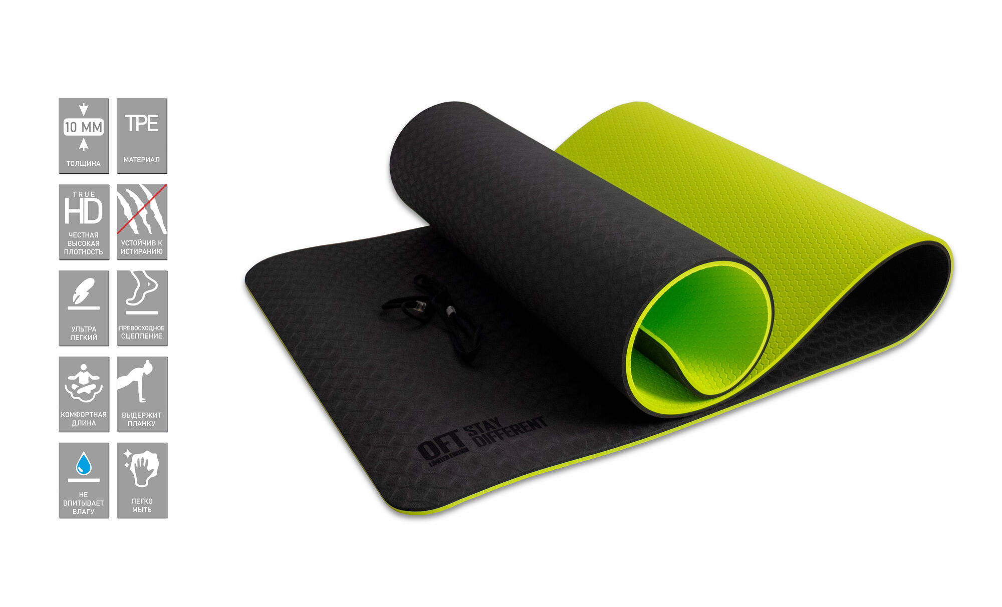 Коврик для йоги 10 мм двухслойный TPE черно-зеленый Original FitTools FT-YGM10-TPE-BG