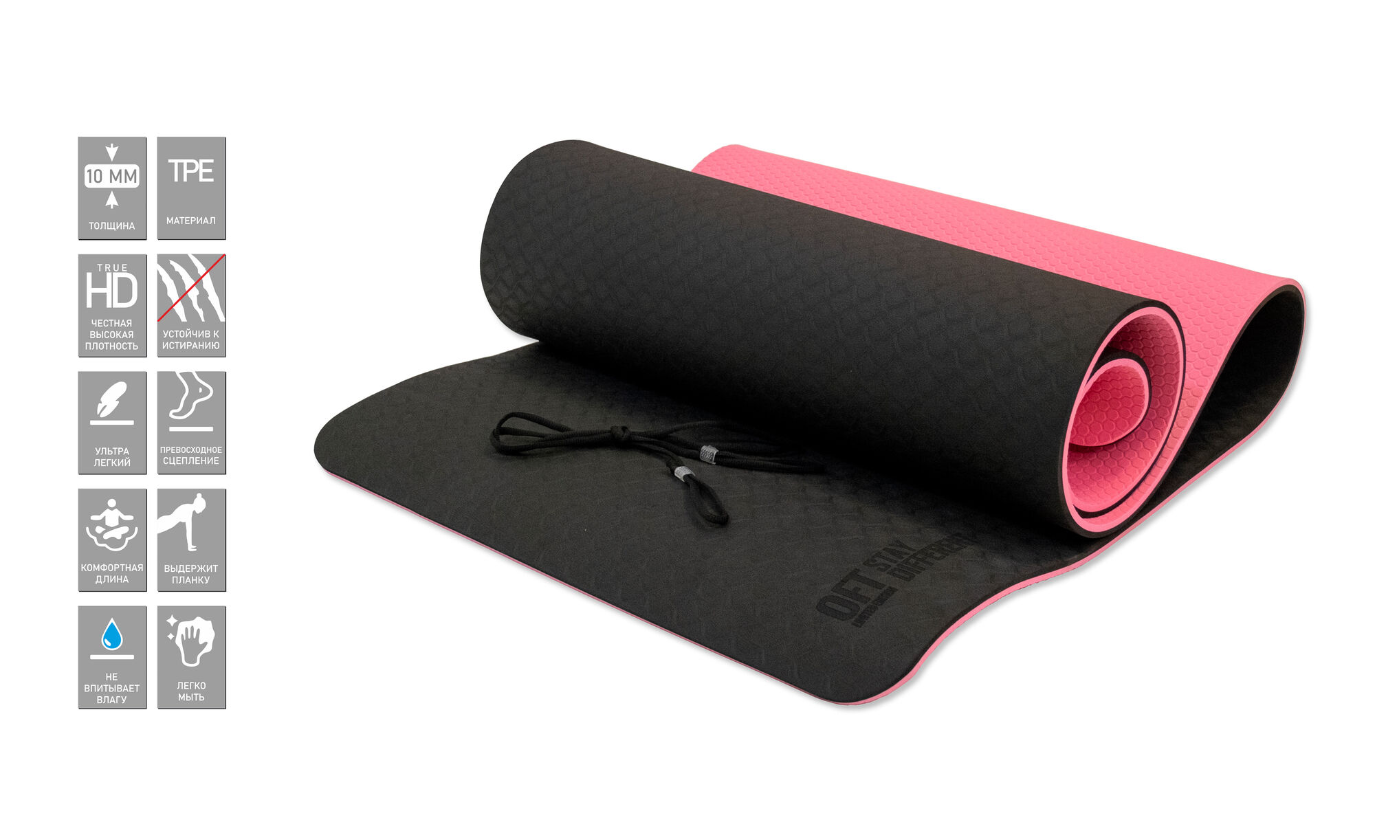 Коврик для йоги 10 мм двухслойный TPE черно-розовый Original FitTools FT-YGM10-TPE-BPNK