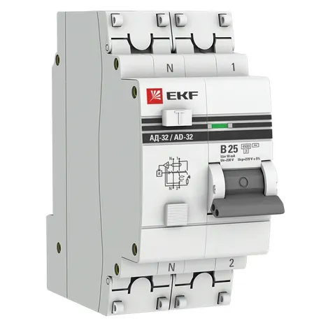 Дифференциальный автомат АД-32 1P+N 25А/10 мА (хар. B, AC, электронный, защита 270В) 4,5кА EKF Proxima