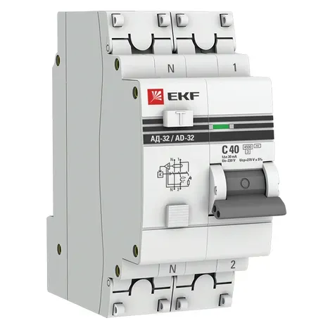 Дифференциальный автомат АД-32 1P+N 40А/30 мА (хар. C, AC, электронный, защита 270В) 4,5кА EKF Proxima