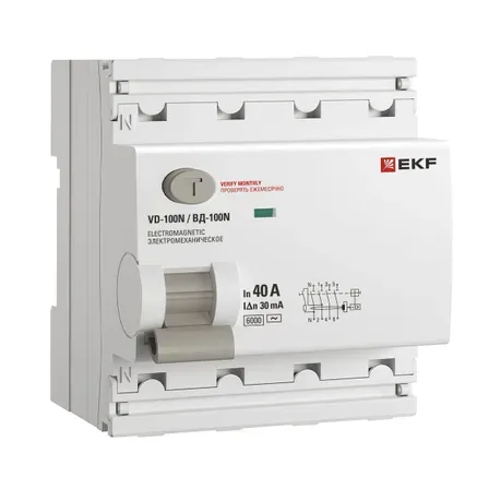Выключатель дифференциального тока ВД-100N 4P 40А 30 мА тип AC эл-мех 6 кА Proxima EKF