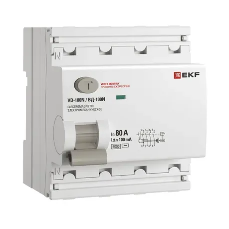Выключатель дифференциального тока ВД-100N 4P 80А 100 мА тип AC эл-мех 6 кА Proxima EKF