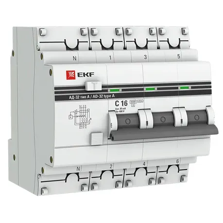 Дифференциальный автомат АД-32 3P+N 16А/30 мА (хар. C, A, электронный, защита 270В) 6 кА EKF Proxima