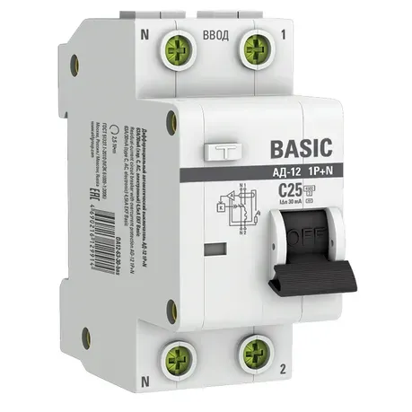Автоматический выключатель дифференциального тока 1P+N 25А 30 мА тип АС х-ка C эл. 4,5кА АД-12 Basic EKF