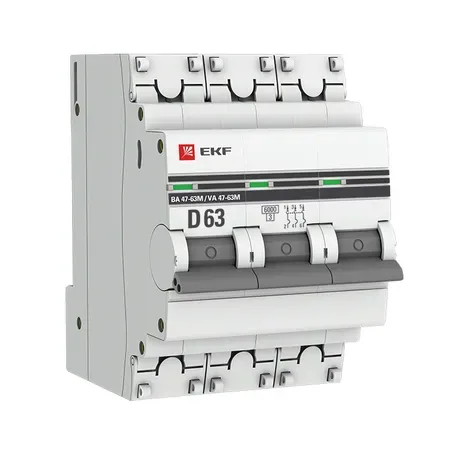 Автоматический выключатель 3P 63А (D) 6 кА ВА 47-63M без теплового расцепителя EKF Proxima