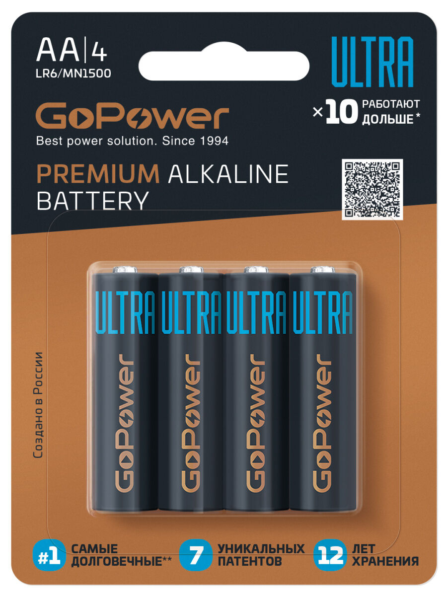 Элемент питания LR 6 Alkaline 1.5V GoPower ULTRA BL- 4 1