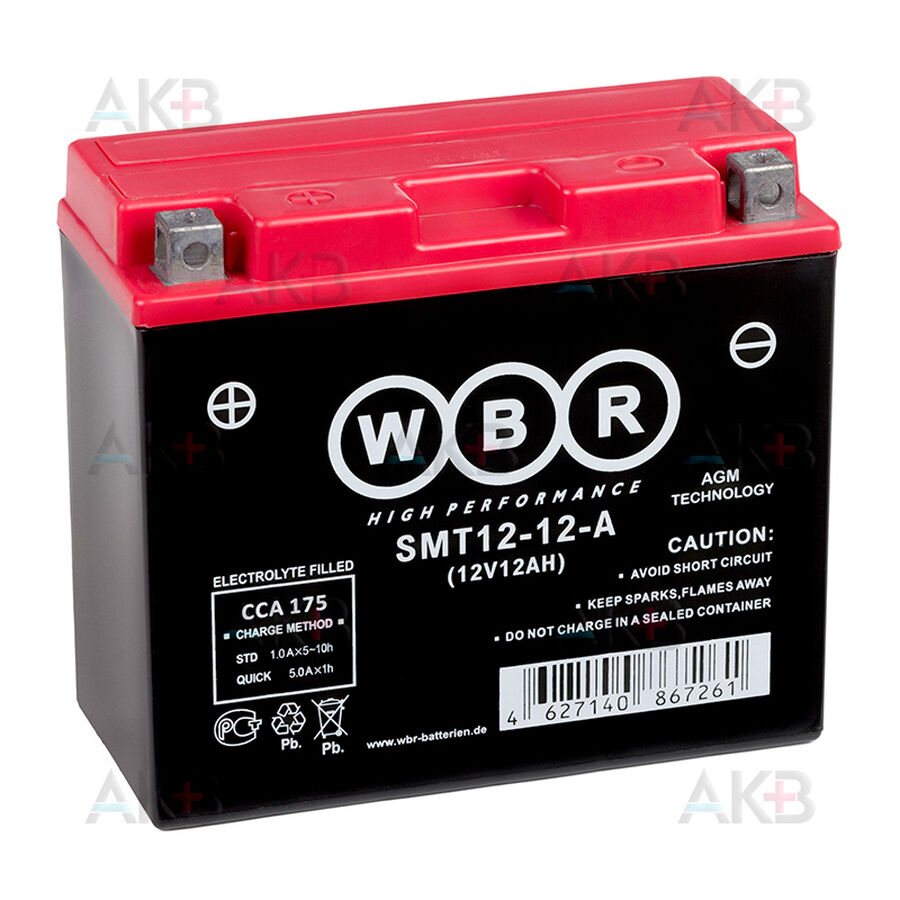 Аккумулятор WBR SMT12-12 AGM 12 Ач 180А прямая пол.(150x87x130) YTX14-BS, YTX12-BS