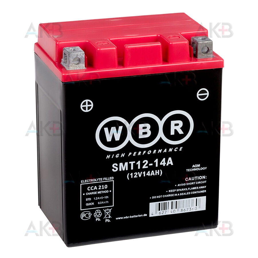 Аккумулятор WBR SMT12-14 AGM 14 Ач 210А прямая пол.(150x87x145) YTX16-BS, YB16B-A