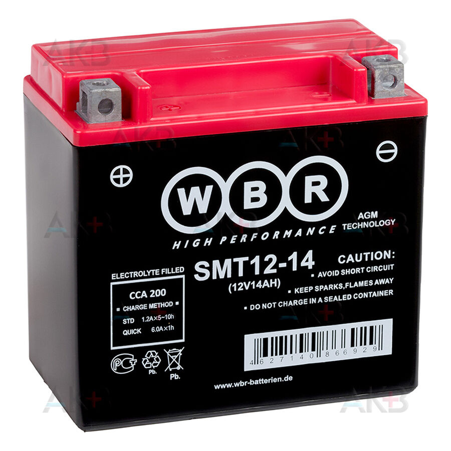 Аккумулятор WBR SMT12-14-А AGM 14 Ач 210А прямая пол.(134x90x166) YB14-A2,YTX14AH-BS, YB12A-А