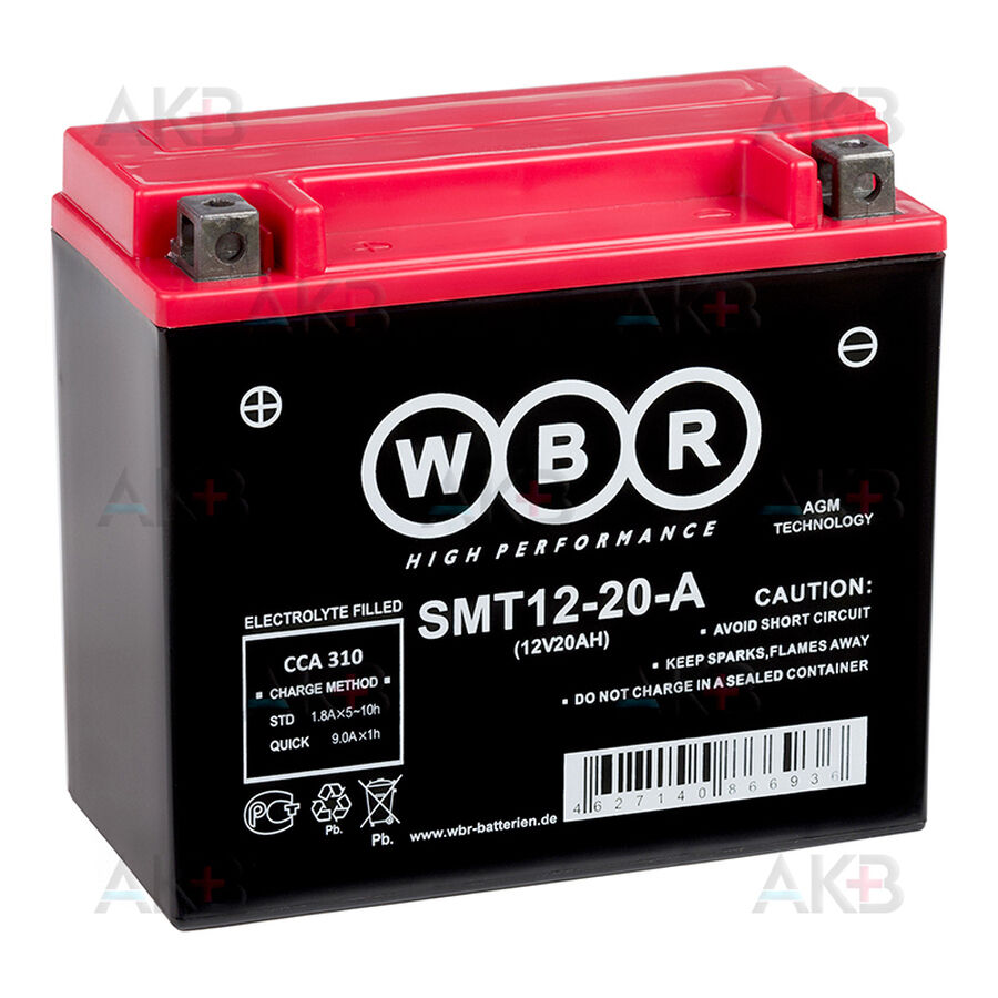 Аккумулятор WBR SMT12-20-A AGM 20 Ач 310А прямая пол. (175x87x155) YTX20H-BS