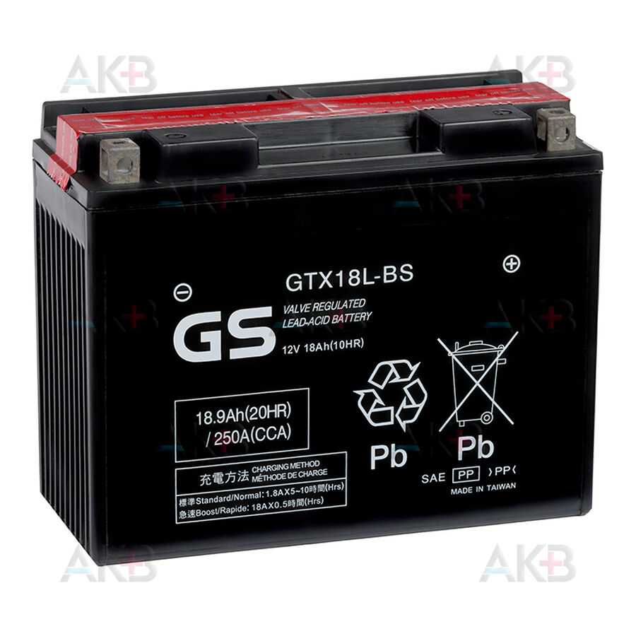 Аккумулятор GS GTX18L-BS 12V 18Ah 250А (207x91x164) обр. пол. AGM сухозаряж. GS YUASA