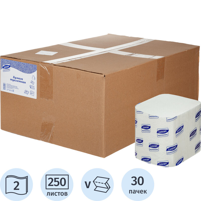Бумага туалетная листовая Luscan Professional 2-слойная 250 листов 30 пачек в упаковке