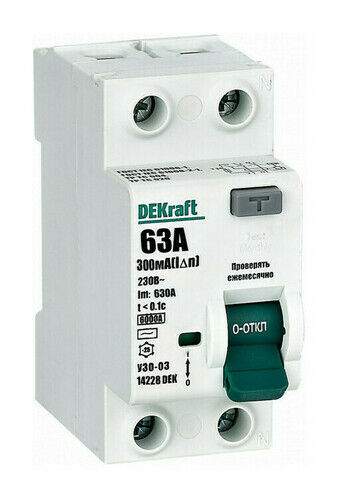 Выключатель дифференциального тока (УЗО) 2P 63А 30мА AC УЗО-03 6кА DEKraft
