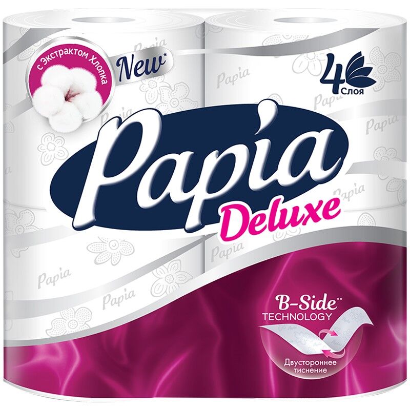 Бумага туалетная Papia "Deluxe", 4-слойная, 4 шт, тиснение, белая