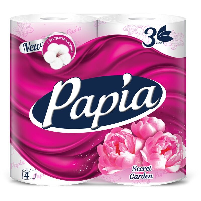 Бумага туалетная Papia "Secret Garden", 3-слойная, 4 шт, ароматизированная, розовое тиснение, белый