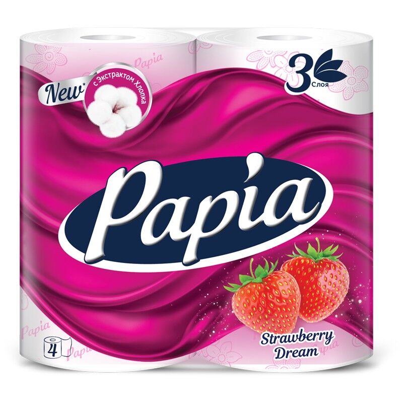 Бумага туалетная Papia "Strawberry Dream", 3-слойная, 4 шт, ароматизированная, розовое тиснение, белый