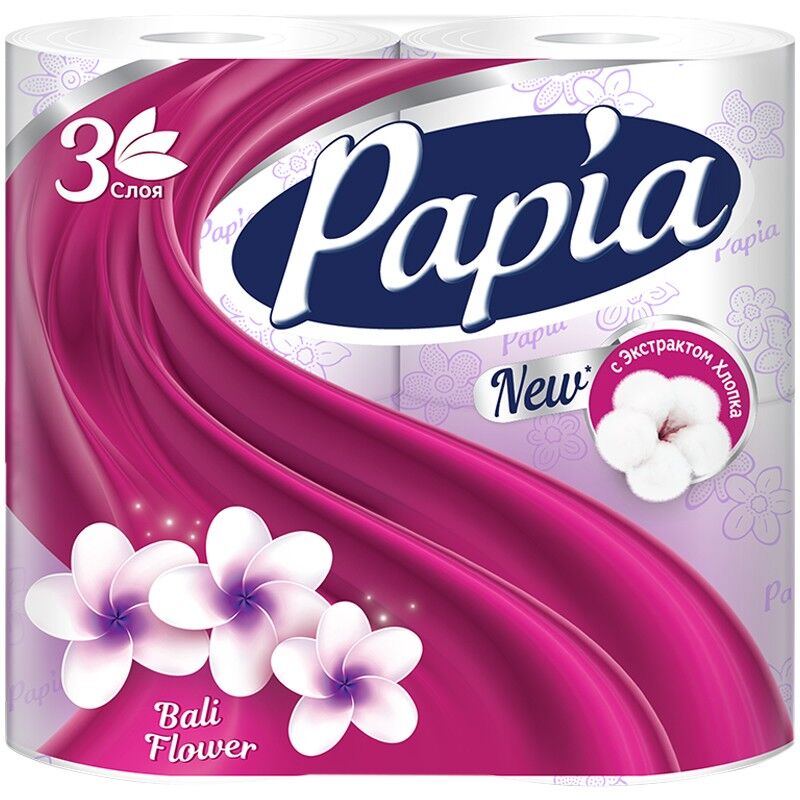 Бумага туалетная Papia "Балийский Цветок", 3-слойная, 4 шт, ароматизированная, тиснение, белая
