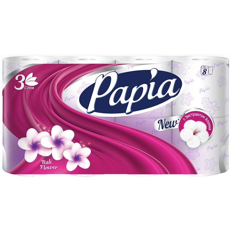 Бумага туалетная Papia "Балийский Цветок", 3-слойная, 8 шт, ароматизированная, тиснение, белая