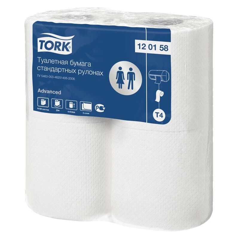 Бумага туалетная Tork "Advanced" (Т4) 2-слойная, стандарт. рулон, 23м/рул, 4 шт, тиснение, белая