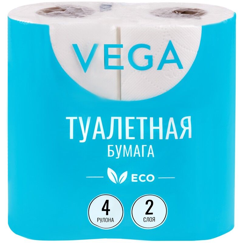 Бумага туалетная Vega 2-слойная, 4 шт, эко, 15 м, тиснение, белая