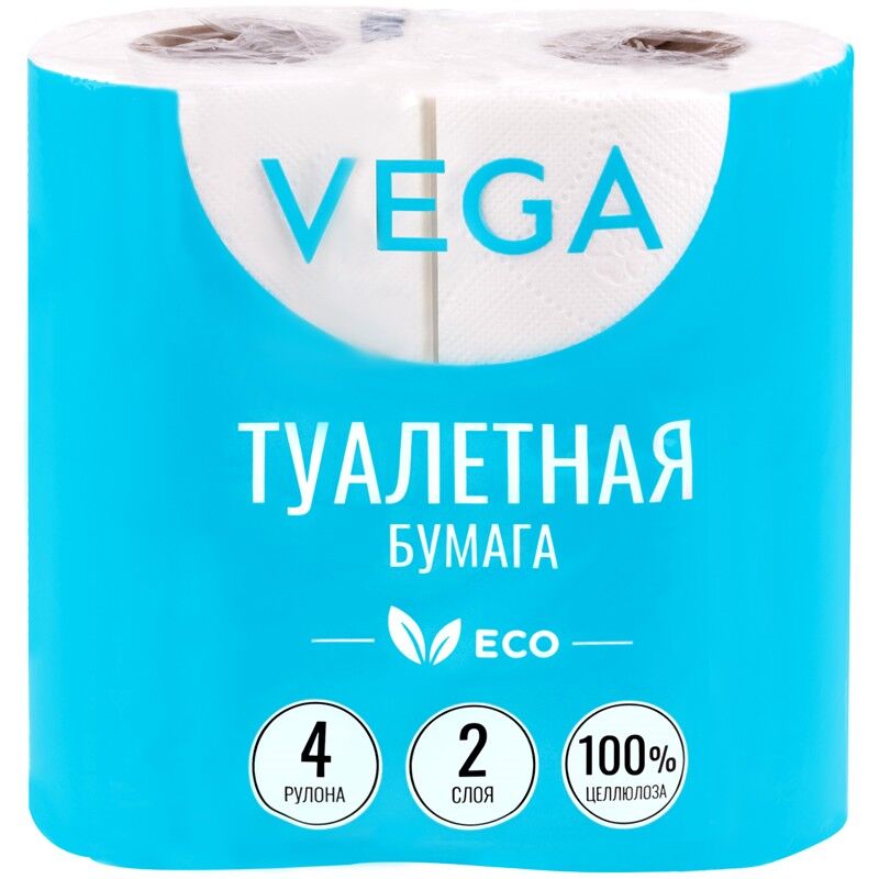 Бумага туалетная Vega 2-слойная, 4 шт, эко, 15 м, тиснение, белая, 100% целлюлоза