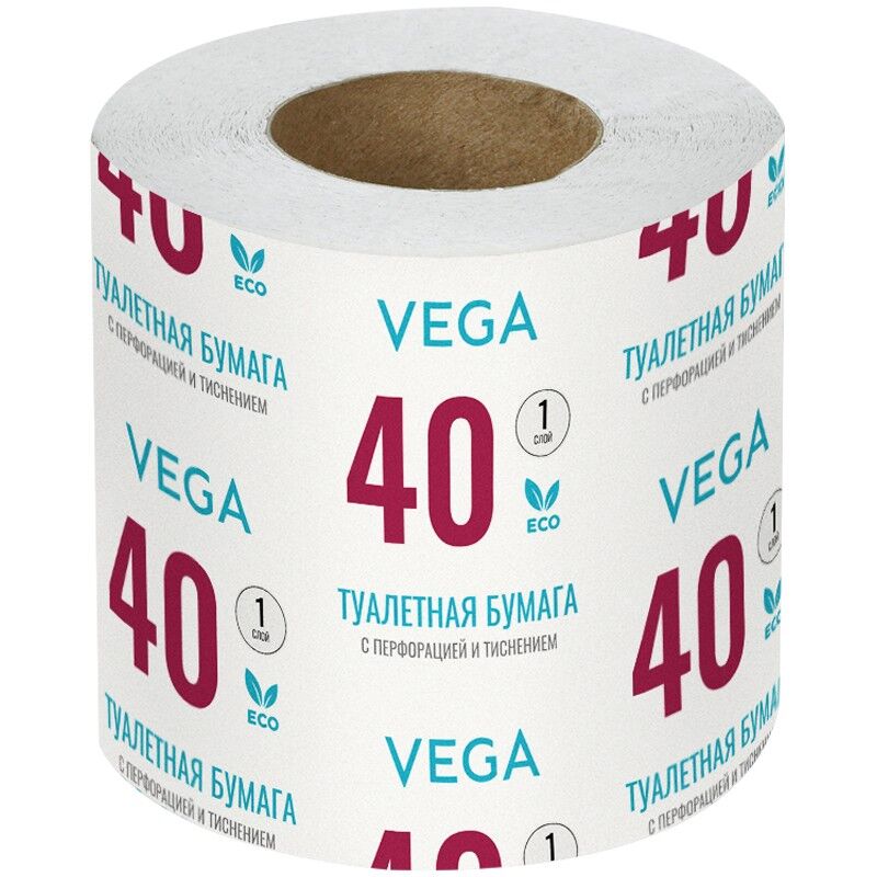Бумага туалетная Vega, 1-слойная, 40м/рул, на втулке, с перфорацией, с тиснением, белая