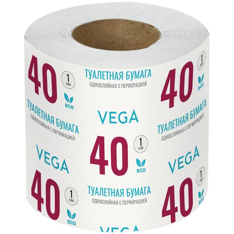 Бумага туалетная Vega, 1-слойная, 40м/рул, на втулке, с перфорацией, серая