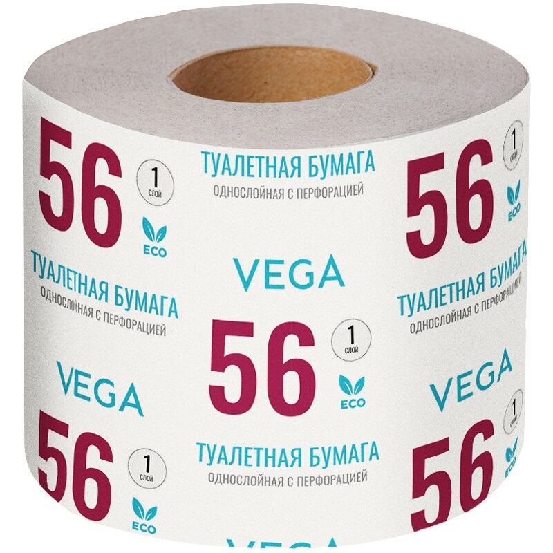 Бумага туалетная Vega, 1-слойная, 56м/рул, на втулке, с перфорацией, серая