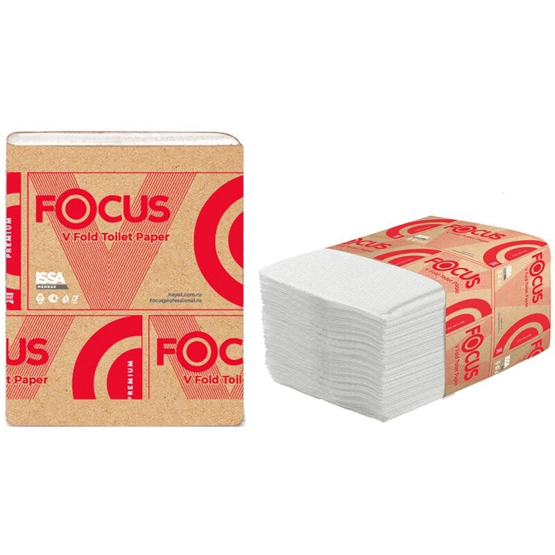 Бумага туалетная листовая Focus Premium (V-сл) 2-слойная, 250лист/пач, 23х10,8 см, белая