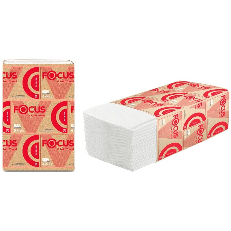Полотенца бумажные листовые Focus Premium (V-сл) 2-слойные, 200л/пач, 23х20 см, белые