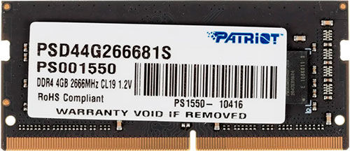 Оперативная память Patriot Memory DDR4 SO-DIMM 4GB 2666MHz (PSD44G266681S)
