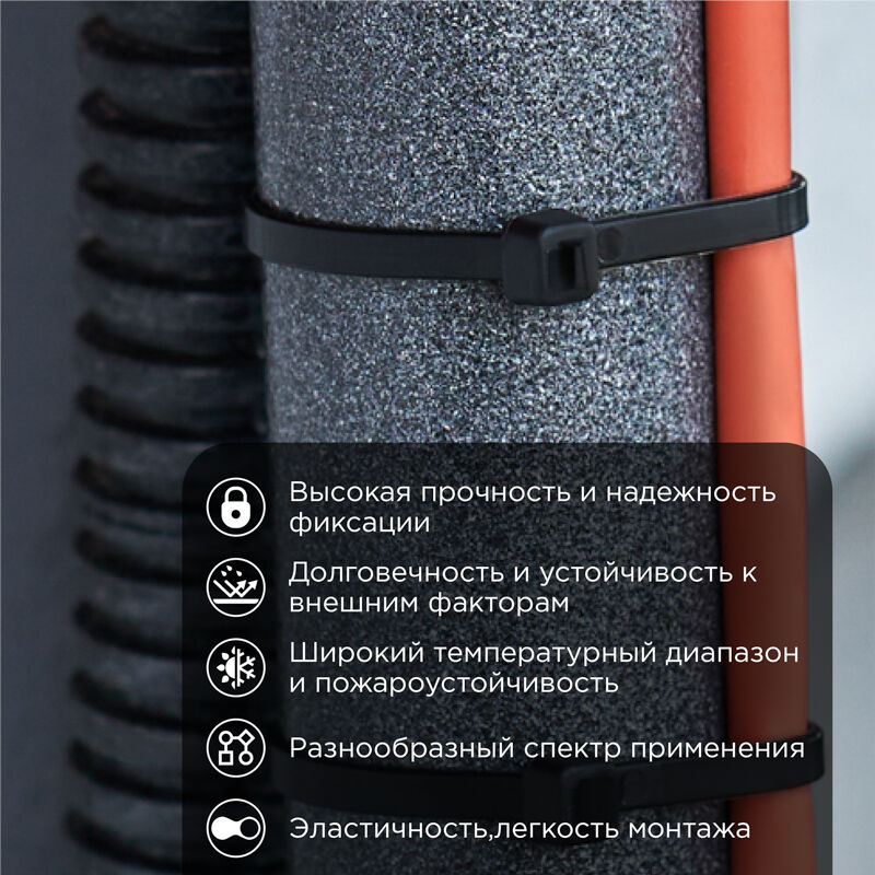 Стяжка кабельная нейлоновая 4,8 x 200мм, черная, упак.100шт. Rexant 2