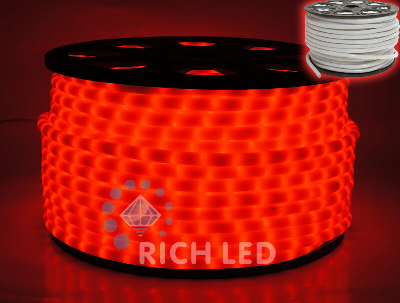 Светодиодный дюралайт Rich LED, 2-х проводной, матовый, красный, кратность резки 1 метр, диаметр 13 мм, 220 В,100 м. RIC