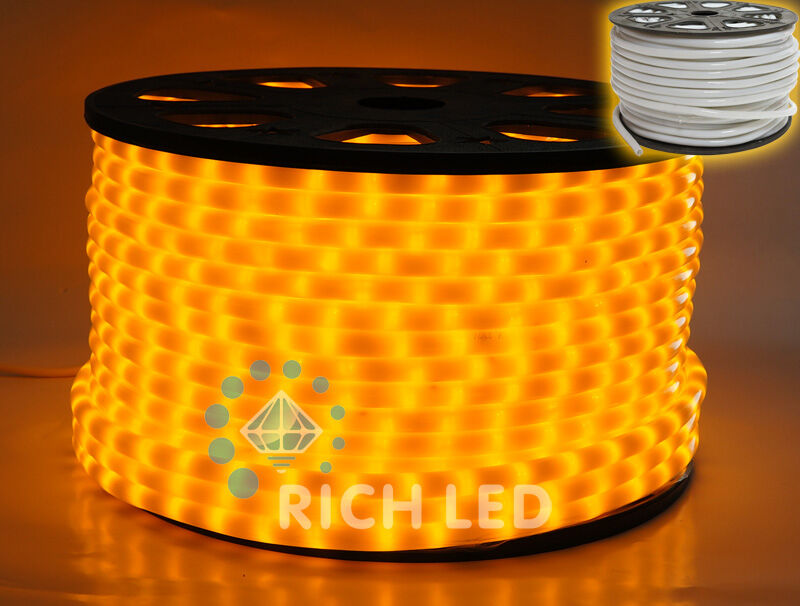 Светодиодный дюралайт Rich LED, 2-х проводной, матовый, желтый, кратность резки 1 метр, диаметр 13 мм, 220 В,100 м. RICH