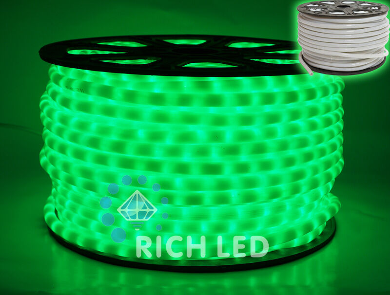Светодиодный дюралайт Rich LED, 2-х проводной, матовый, зеленый, кратность резки 1 метр, диаметр 13 мм, 220 В,100 м. RIC